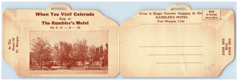 c1940's The Rambler's Motel In The Heart of Fort Morgan CO Fold-Out Postcard