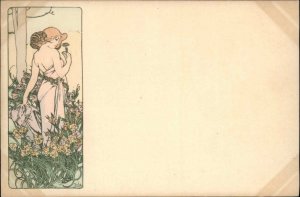 Alphonse Mucha Art Nouveau Woman Field of Flowers c1900 VINTAGE Postcard