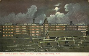 Postcard Douglas Shoe Factory At Night Campello Brockton MA Train Cars Depot