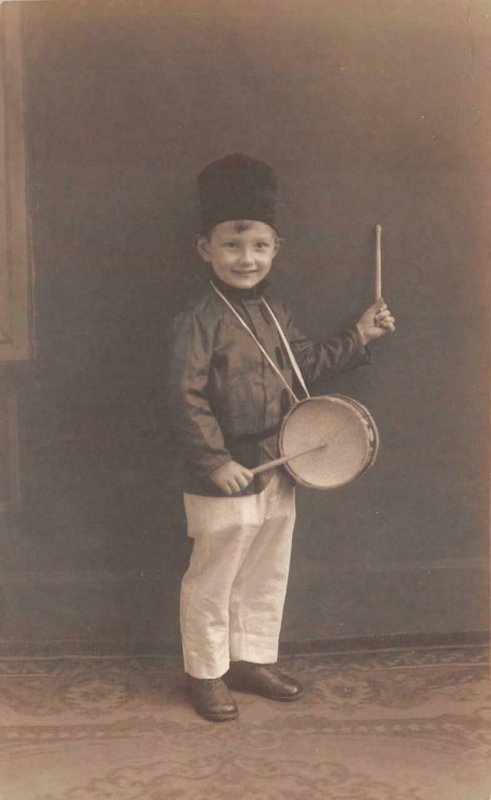 RPPC LITTLE DRUMMER BOY LEICESTER ENGLAND UK REAL PHOTO POSTCARD (c. 1910)