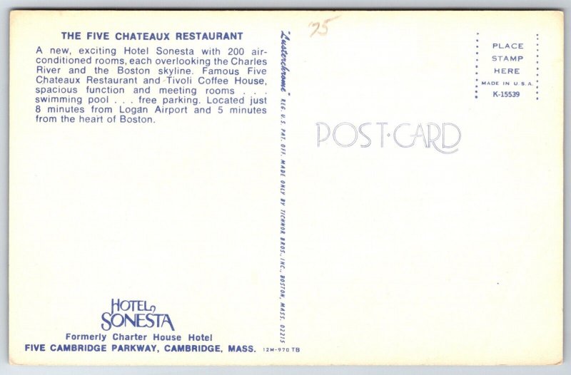 Five Chateaux Restaurant Advertising Hotel Sonesta Boston MA Chrome Postcard K10