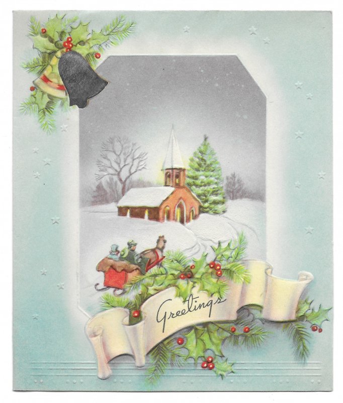 VINTAGE 1940s WWII ERA Christmas Greeting Card Art Deco FOIL BELL Sleigh CHURCH