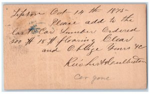 1875 Add to Last Car Lumber Tipton Iowa IA Clinton IA Blue Cancel Postal Card