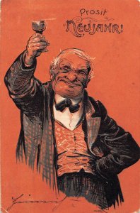 New Year Greetings 1905 Drunk Old Man Champagne Glass embossed postcard C357