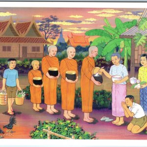 c2000s Thailand Buddhist Monks Alms Bowl Village Art Illustration Retro Lg PC 8O