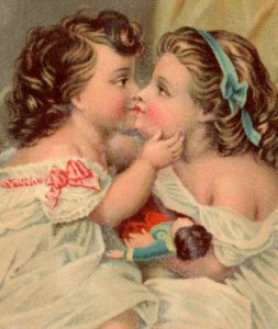 1880s Victorian Christmas Greeting Trade Card Children & Doll #7A