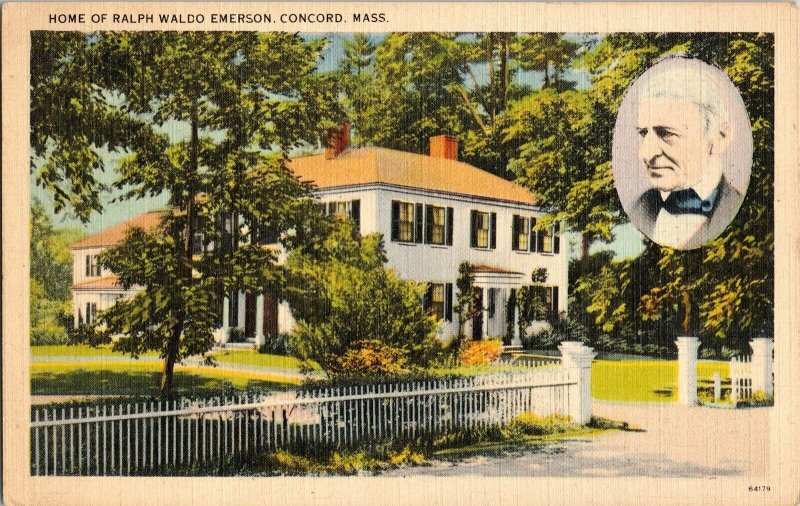 Ralph Waldo Emerson Home Concord Mass Vintage Linen Postcard WOB 1c Stamp Cancel 