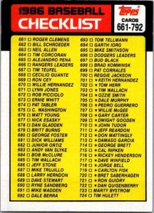 1986 Topps Baseball Card 1986 Checklist #661-792 sk10648