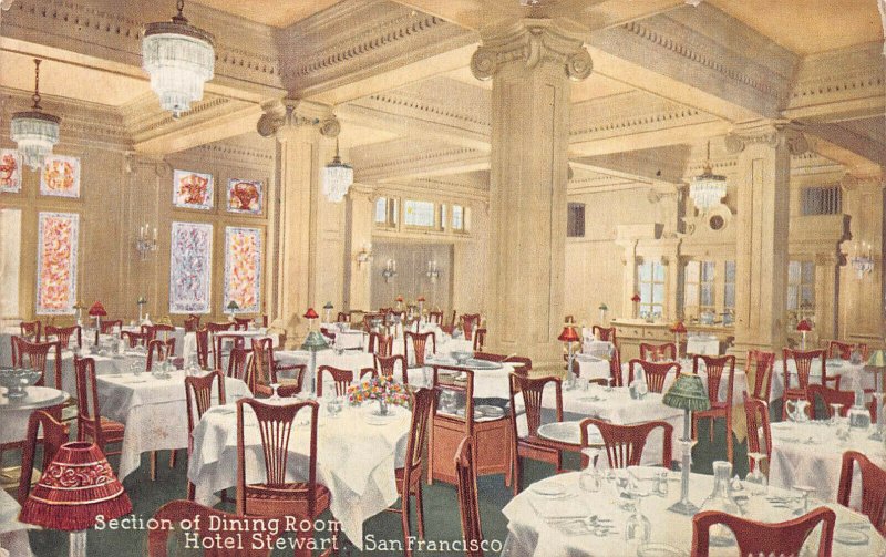 Dining Room, Hotel Stewart, San Francisco, California, early postcard, unused