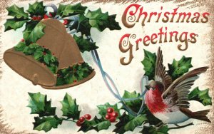 Vintage Postcard Christmas Greetings Bell And Bird Design Holiday Season Wishes