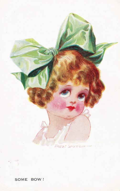 Vintage 1921 Artist Signed Card, Fred Spurgin, Girl with Huge Green Hair Bow C22