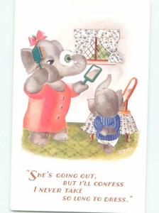 Pre-1980 Cosmetics fashion HUMANIZED ELEPHANT APPLYING HER MAKEUP AC7085