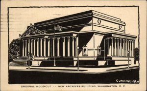 Washington DC Wood-Cut Block Print Archives Building Cunningham Postcard