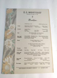 S.S. Monterey Breakfast Menu. Vintage Nov. 25 1936 Oceanic Steamship