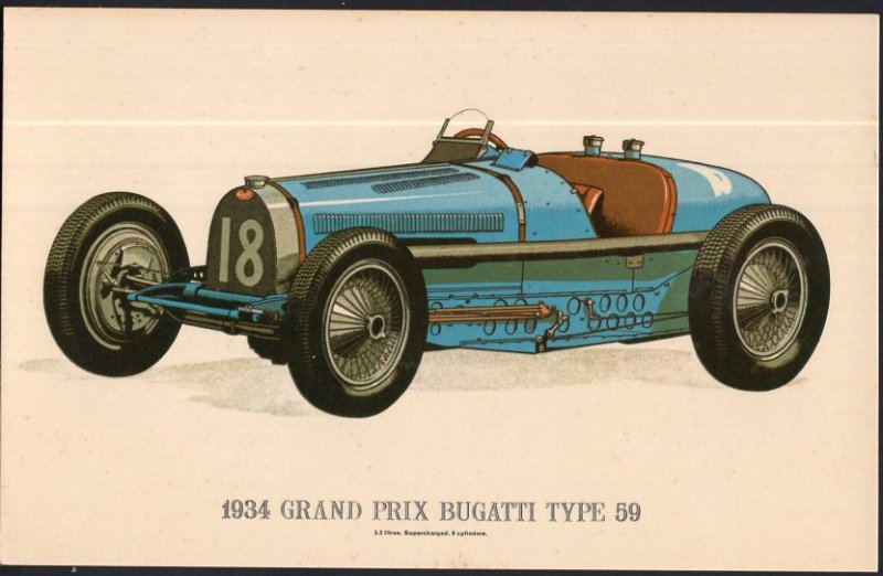 Classic Race Car Postcard 1934 Grand Prix Bugatti Type 59 - Divided Back