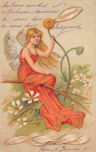 FAIRY ANGEL WOMAN PASSIONNEMENT FRANCE TO USA ART NOUVEAU EMBOSSED POSTCARD 1905