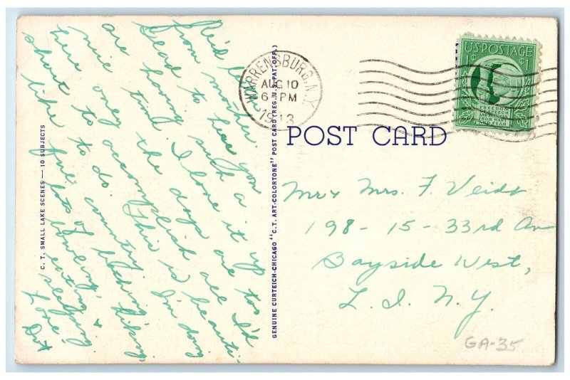 1943 Greetings From Warrensburg New York NY, People Boat Canoeing Scene Postcard
