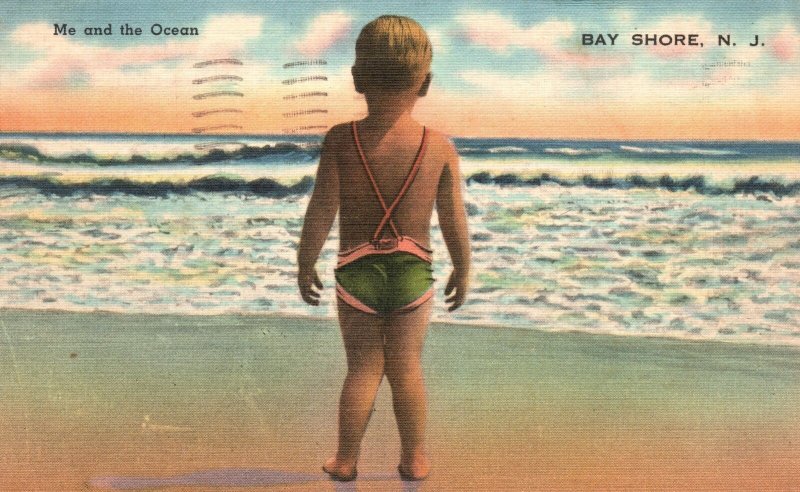 Vintage Postcard 1930's Me And The Ocean Baby Beach Bath Bayshore New Jersey NJ