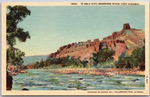 Holy City Shoshone River Cody WY Highway Eroded Colorful Mountainside Postcard
