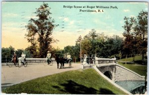c1910s Providence, RI Bridge Scene @ Roger Williams Park Bicycles Postcard A116