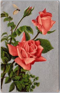 1910's Flower Bouquet Orange Roses with Leaves Greetings Wishes Posted Postcard