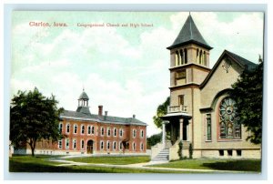 c1910's Clarion Iowa IA, Congregational Church And High School Antique Postcard