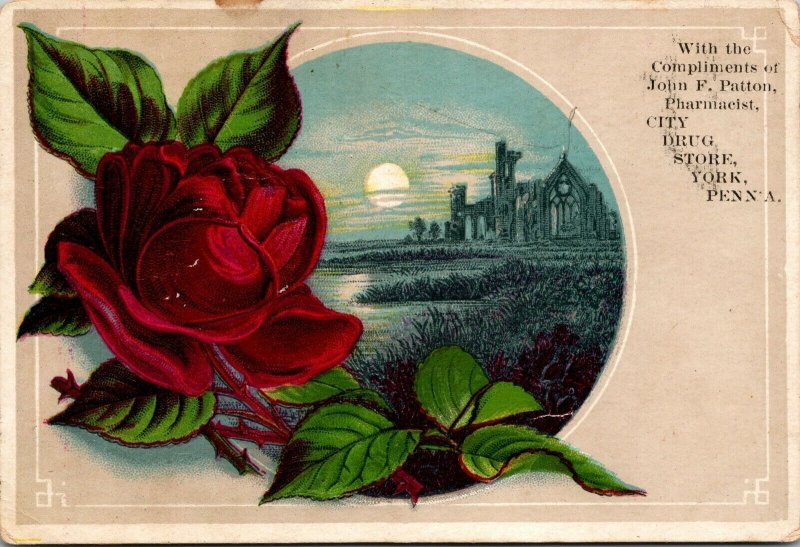 John Patton City Drug Store York PA Roses Landscape Old Victorian Trade Card  