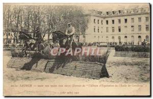 Old Postcard Saumur Horse Equestrian Jumping hedges by two