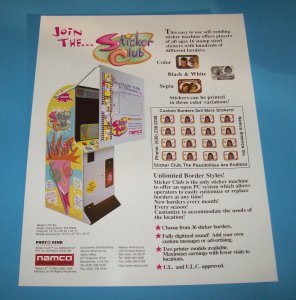 Sticker Club 1996 ORIGINAL NOS Arcade Vending Machine FLYER Vintage Retro