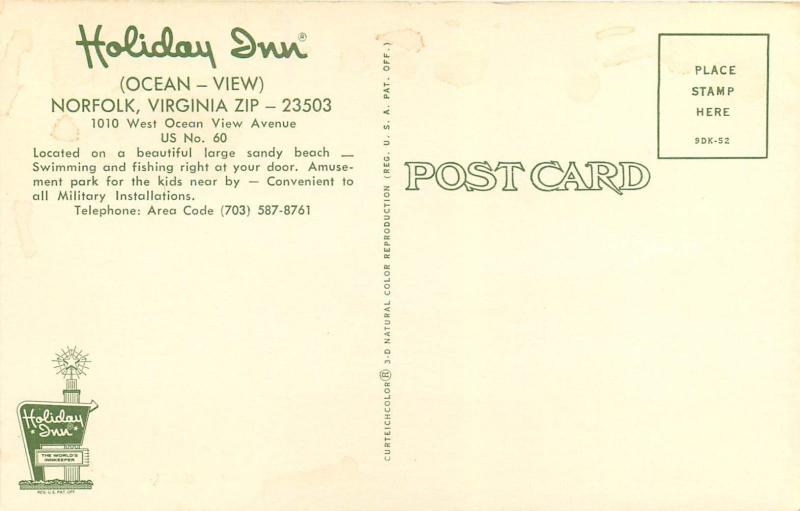 Holiday Inn Norfolk Virginia VA 1010 W Ocean View old cars Postcard