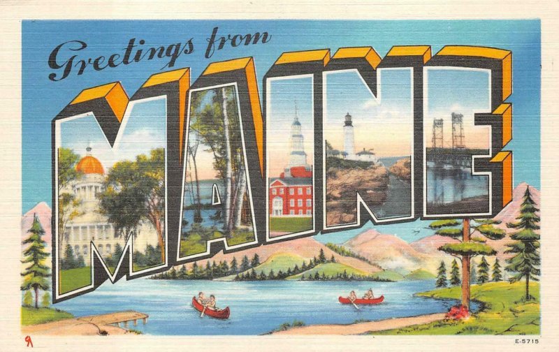 GREETINGS FROM MAINE LARGE LETTER POSTCARD (c. 1940s)