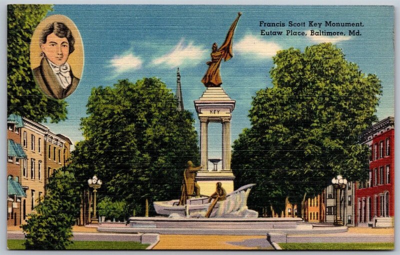 Vtg Baltimore Maryland MD Francis Scott Key Monument Eutaw Place Postcard