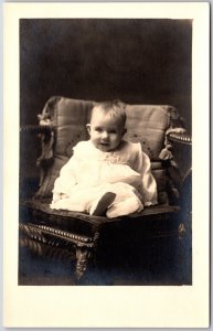 Baby Helen Photograph Sitting on A Couch White Dress RPPC Real Photo Postcard