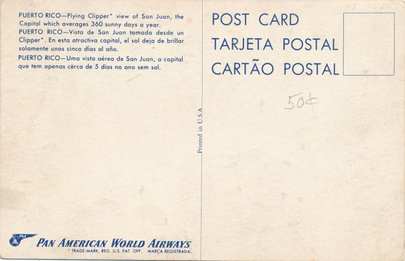 San Juan PR Puerto Rico Sunny Capital City - Pan American World Airways Postcard
