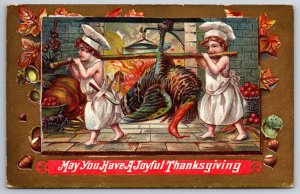 Thanksgiving~Lil Boy Chefs Carry Dead Turkey~Shoulder Pole~Fireplace~Nut Border