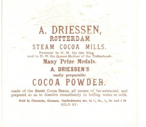 A. Driessen's Cocoa ~ Rotterdam ~ Cocoa Powder ~ Antique Victorian Trade Card