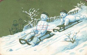 Christmas, Diamond PC No DPC01-2, Snowmen Sleigh Riding Down Hill of Snow