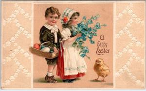 EASTER   GREETING   c1910s  CUTE KIDS, BASKET of Eggs Nice Embossing    Postcard