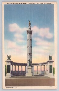 Postcard Richmond Virginia VA Jefferson Davis Monument 1930s Linen View
