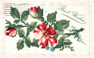 Vintage Postcard 1914 Best Wishes Greetings Beautiful Red Flowers Pixelated