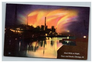 Vintage 1940's Postcard Steel Mills at Night Gary & South Chicago Illinois