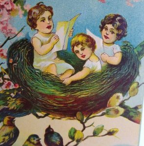 Easter Postcard Children In Birds Nest Fantasy Embossed Original Vintage 1910