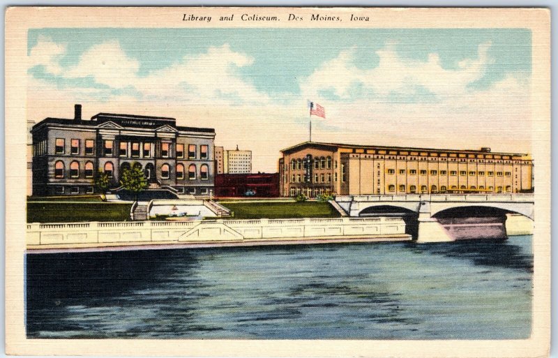 c1940s Des Moines IA River Bridge Library Coliseum Linen PC Wall Bike Trail A287