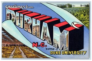 c1940's Greetings From Durham Home Of Duke University North Carolina NC Postcard