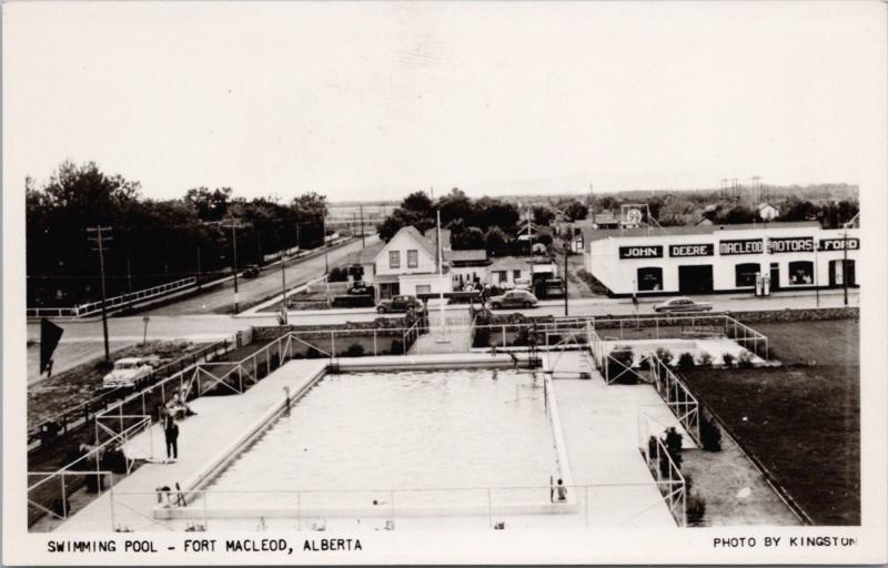 Swimming Pool Macleod Alberta AB Fort Macleod John Deere c1954 RPPC Postcard E24