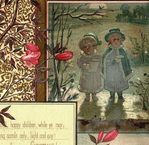 1880's Victorian Christmas Card Poem Children In Snow Moon Floral Border &U