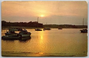 Vtg New York NY Beautiful Long Island Sunset Lake View Boats Postcard