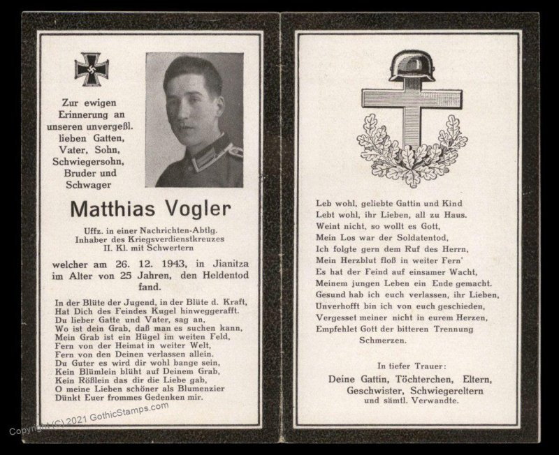 3rd Reich Germany Fallen Wehrmacht Burial Death Mourning Memorial Card G100111