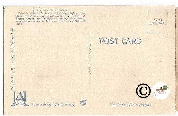 Vintage Linen Postcard Minots Light Massachusetts Bay. Lighthouse Atlantic ocean