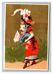 Vintage 1880's Victorian Trade Card Woman Red Dress Blue Fan Feathered Hat NICE